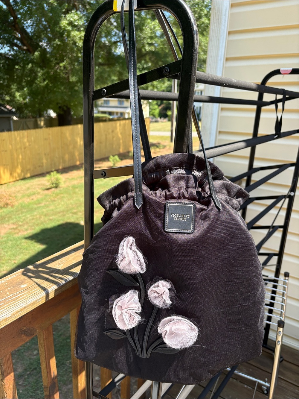Victoria's Secret Black Tote with Pink Floral Appliqués